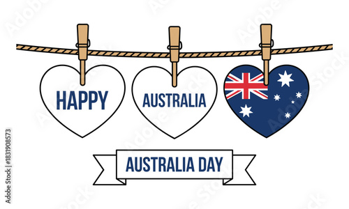 Happy Australia Day celebration with hearts, flag, and festive patriotic decorations
