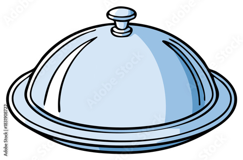 Silver serving cloche with a round handle and stylized lines on a white background