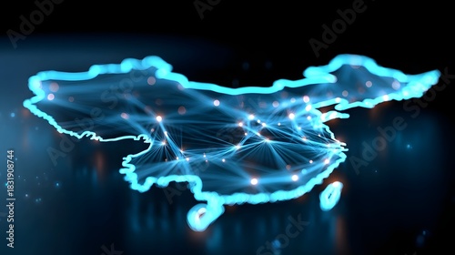 Abstract visualization of China as a luminous blue digital network with glowing nodes and lines illustrating data flow communication and technological connections across its territory