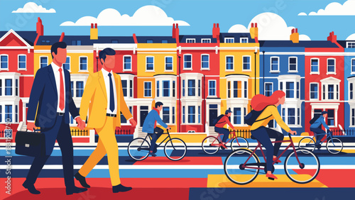 Dynamic illustration of a busy city street with professionals walking and people cycling, showcasing a modern urban lifestyle commute