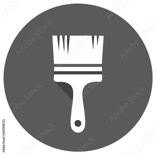White Paintbrush Tool Icon on Dark Gray Circle Symbol for Painting or Renovation