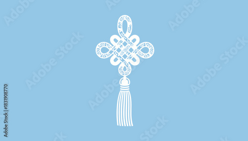 Intricate white Chinese knot with tassel on a light blue background.
