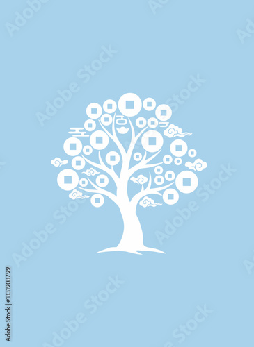 Stylized white Chinese money tree with coin leaves and clouds on a light blue background.