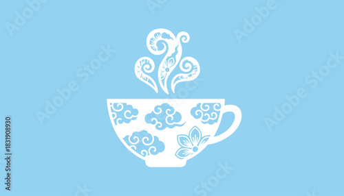 A white teacup with intricate cloud and floral designs, steam rising against a light blue background.