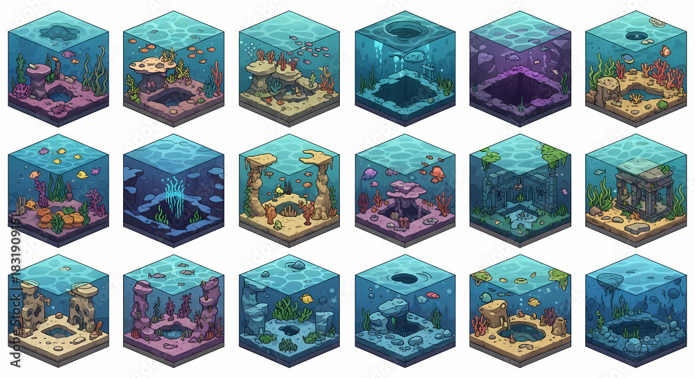 Fototapeta premium Isometric Aquarium Collection: Diverse Underwater Habitats in Cube Form.