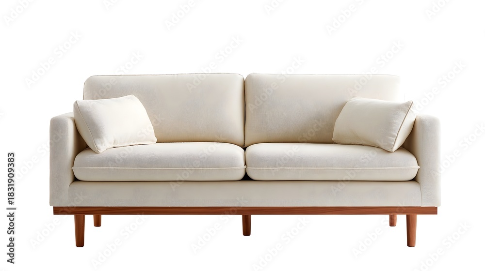 Naklejka premium Stylish and comfortable contemporary cream sofa with plush cushions subtle wooden frame and legs presented against a clean white backdrop