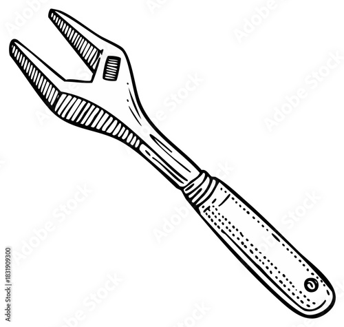 Illustrated Adjustable Wrench: Hand Tool for Repairs and Maintenance in Black and White