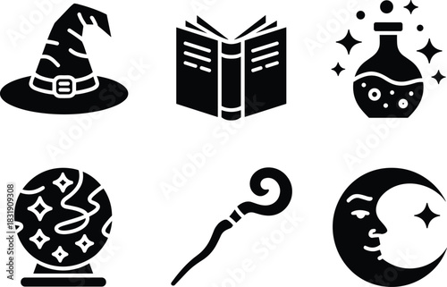 Magic Witch Hat, Potion Bottle, Crystal Ball and Spell Icons Set,Fantasy Magic Elements Collection,Magical Tools Icons Including Spellbook,Potion and Crystal Ball,Minimalist Wizard and Spell Icons,Ai