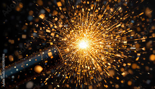 Close-up of party popper exploding with golden confetti and glitter in dark background, celebration concept, ultra realistic
