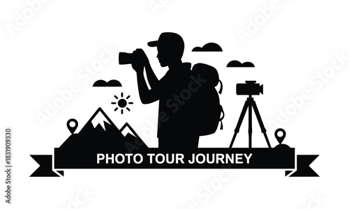 Photographer with mountains clouds and tripod representing a photo tour