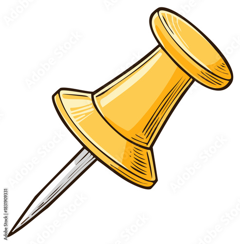 Bright yellow cartoon pushpin with a sharp silver point for bulletin board or notes