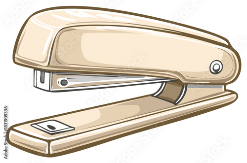 Classic beige office stapler preparing to fasten documents with a clean illustration style