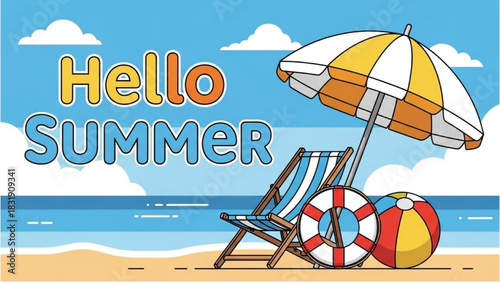 Vibrant Hello Summer beach scene with essential vacation elements and clear blue skies