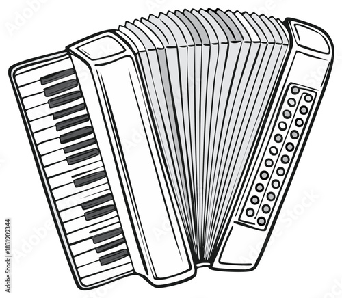 Black and White Accordion Musical Instrument with Piano Keys and Buttons