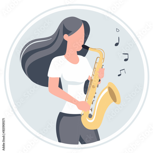 Illustrated woman playing the saxophone with music notes, solo female jazz musician performing, entertainment