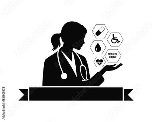 Female doctor with medical care icons in modern design
