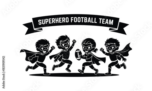Superhero football team black silhouette running kids playing together 