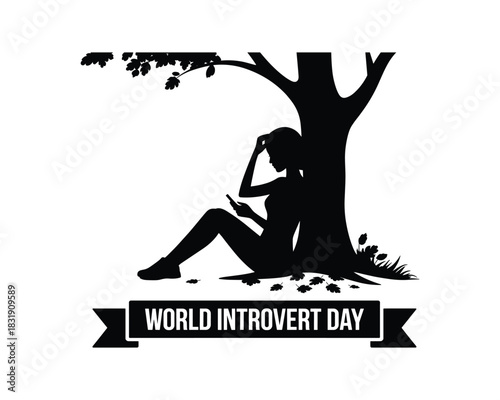 Woman under tree observing world introvert day vector illustration 