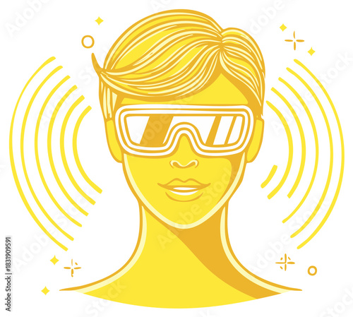 Person Wearing Futuristic Virtual Reality Goggles Emitting Sound Waves And Sparkles