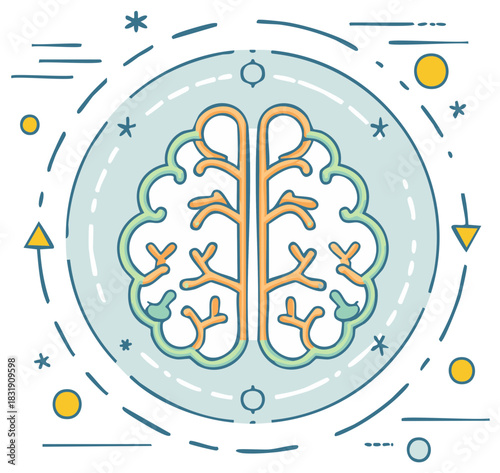 Stylized illustration of a human brain with abstract cosmic elements and a circular frame