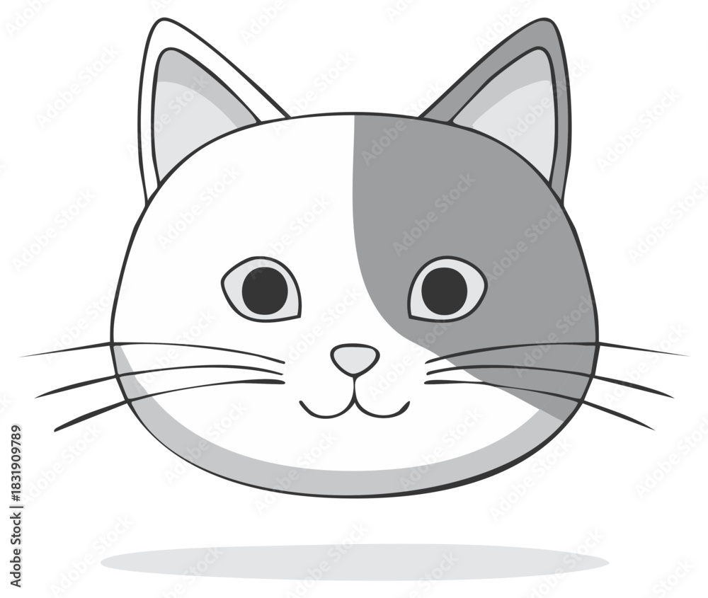 Fototapeta premium Cute Cartoon Cat Face with Two Tone Fur and Whiskers