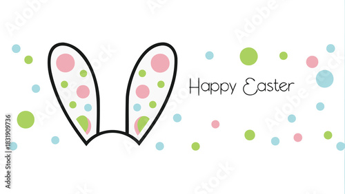 Cute easter bunny ears with pastel polka dots and happy easter text on a white background with scattered confetti for festive holiday celebrations