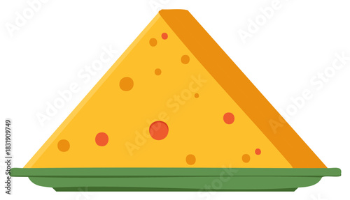 Yellow cheese slice with holes on a green plate food dairy snack illustration