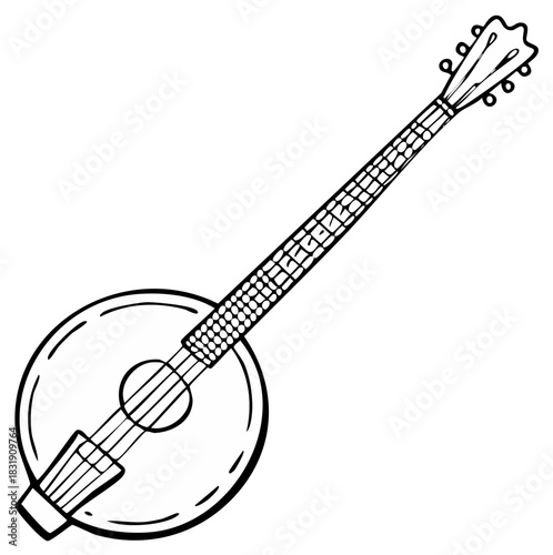 Hand drawn banjo icon illustration. Black and white sketch of a country music stringed instrument.