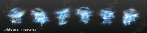 Realistic tornado storm, hurricane wind vortex, 3D cyclone twister with lightning bolt, whirlwind air funnel vector set