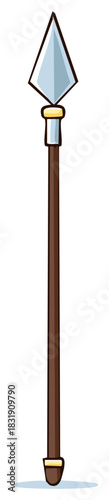 Cartoon Spear Vector Illustration - Silver Spearhead and Brown Wooden Pole Weapon Isolated