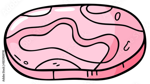 Single slice of pink cartoon ham or luncheon meat. Isolated vector food illustration.