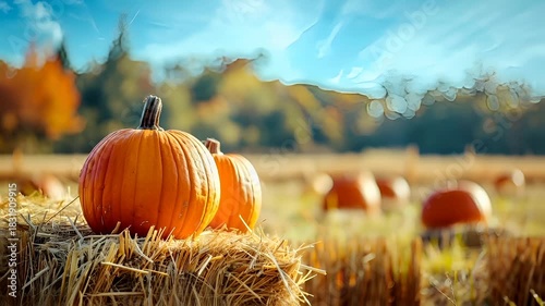 A vivid autumnal scene featuring pumpkins and hay bales in a field. The main subject is a large orange pumpkin, standing out against the backdrop of a blurred autumnal landscape.