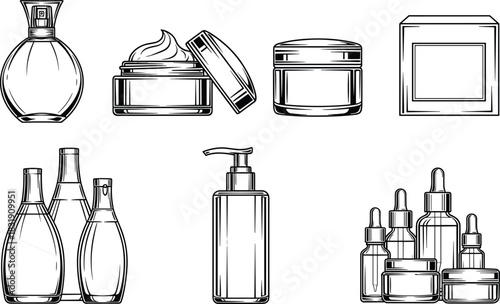 Set of Luxury Cosmetics Line Art Vector Illustrations, Including Perfume Bottle, Moisturizer Cream Jar, Serum Droppers, and Lotion Pump Dispenser for Beauty and Skincare Design