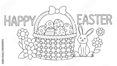 Happy easter greeting with a cute bunny a basket full of decorated eggs and flowers in a simple outline drawing style perfect for coloring pages