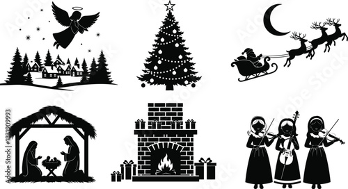 Set of six black Christmas silhouette graphics: Nativity scene, Santa's sleigh, angel, decorated tree, fireplace, and musicians for religious and festive holiday designs.