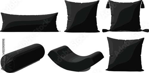 Set of six black pillow and cushion silhouettes in various shapes including square, bolster, and lumbar, symbolizing comfort, home decor, furniture, and rest, isolated vector illustration