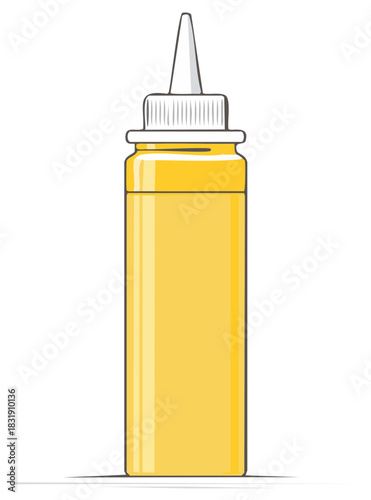 Yellow mustard bottle illustration with a white cap. Condiment container for food.