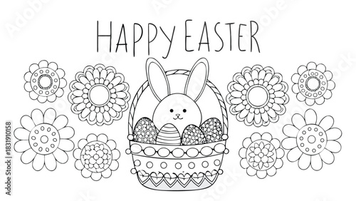 Happy easter greeting with a cute bunny in a basket surrounded by decorative flowers and patterned easter eggs perfect for coloring pages and spring celebrations