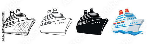 Four cruise ship vector icons in different styles including hand-drawn sketch, line art, black silhouette, and full color cartoon illustration