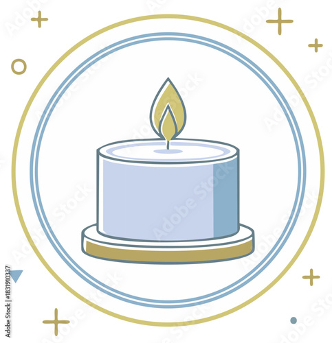 Illuminated Candle Illustration with Soft Blue and Gold Circular Design Elements