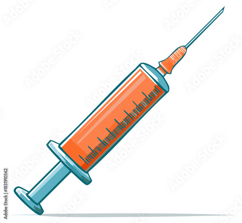 Stylized cartoon syringe filled with orange liquid and sharp needle