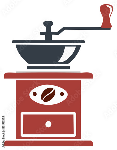 Vintage manual coffee grinder illustration with classic hand crank and coffee bean icon