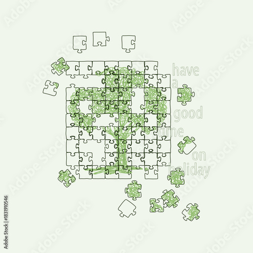 A creative jigsaw puzzle illustration forming a green tree with scattered pieces and a subtle holiday message. Perfect for themes of relaxation, nature, leisure, environment, and vacation concepts.
