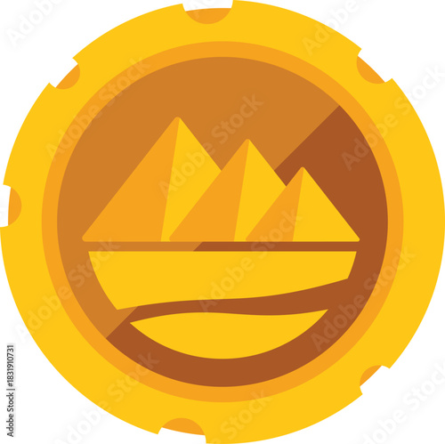 Stylized illustration of giza pyramids on a golden coin, symbolizing egyptian culture, history, and tourism