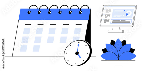 Calendar with marked days, analog clock, computer screen displaying interface, and lotus flower symbolizing focus. Ideal for productivity, organization, planning, scheduling, time management