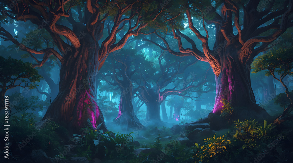 Obraz premium Mystical Glowing Bioluminescent Trees: Dark Fantasy Forest Landscape with Magical Blue and Purple Fog