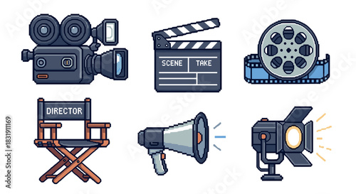 Six pixel art cinema production icons featuring a movie camera, clapperboard, film reel, director's chair, megaphone, and spotlight in a retro 8-bit style isolated on white