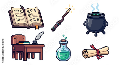 Collection of pixel art magic items for a wizard, including a spellbook, wand, cauldron, potion, scroll, and desk, rendered in a retro video game style and isolated on white