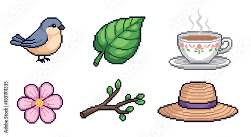 Set of six pixel art icons representing spring and nature, including a bird, leaf, teacup, flower, branch, and a straw hat in a retro 8-bit style isolated on white