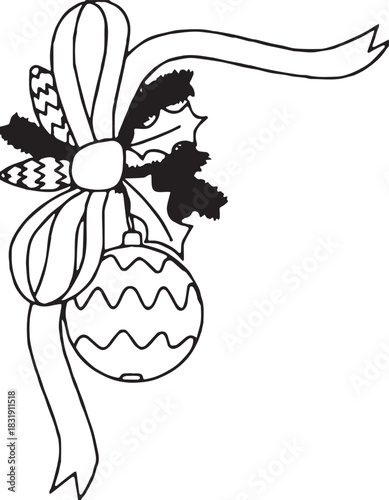 Simple Holiday Corner Clipart: Christmas Bow, Wavy Ornament, and Holly Line Art Vector